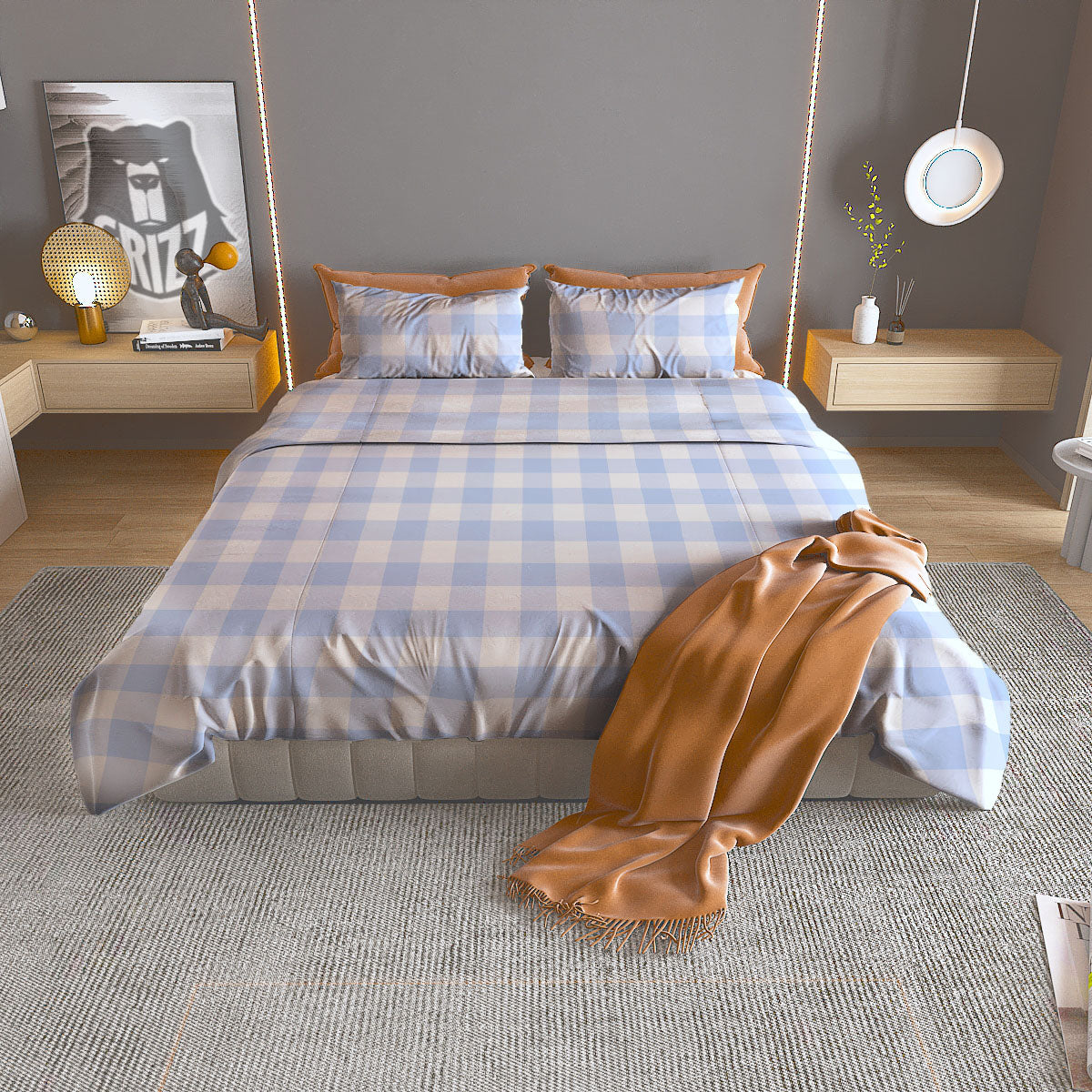 Blue Cornflower And White Gingham Print Duvet Cover Bedding Set-grizzshop