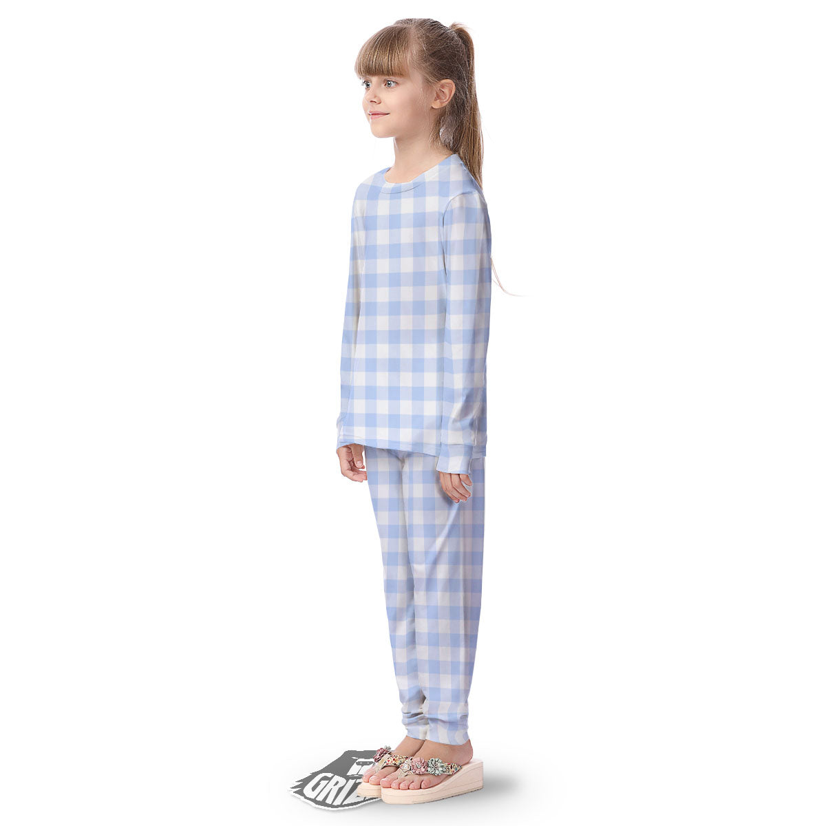 Blue Cornflower And White Gingham Print Kid's Pajamas-grizzshop