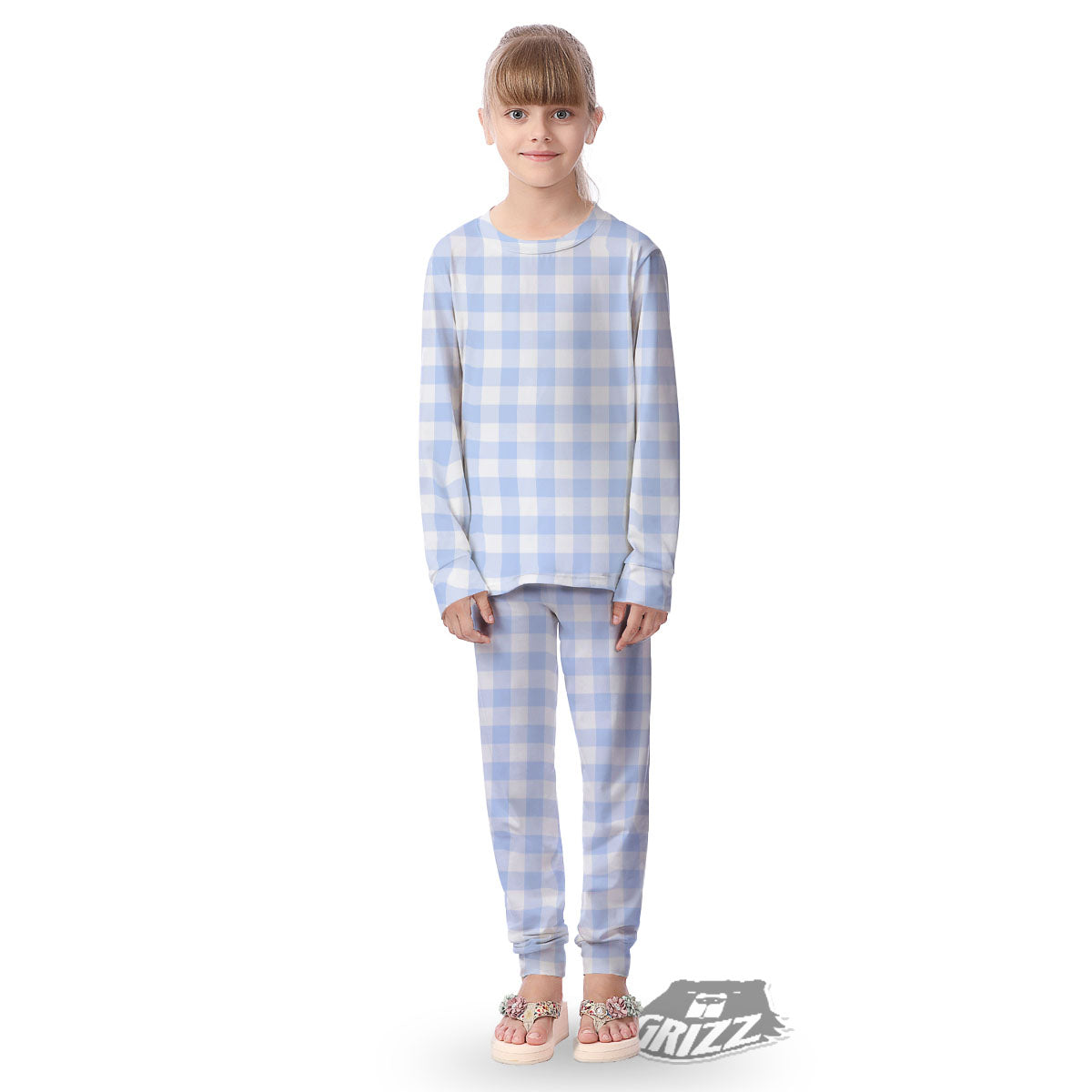 Blue Cornflower And White Gingham Print Kid's Pajamas-grizzshop