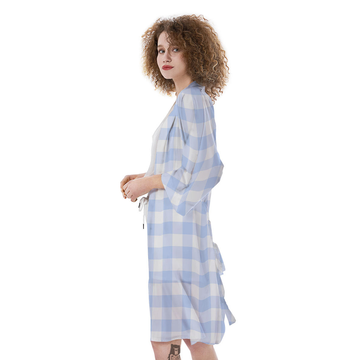 Blue Cornflower And White Gingham Print Kimono-grizzshop