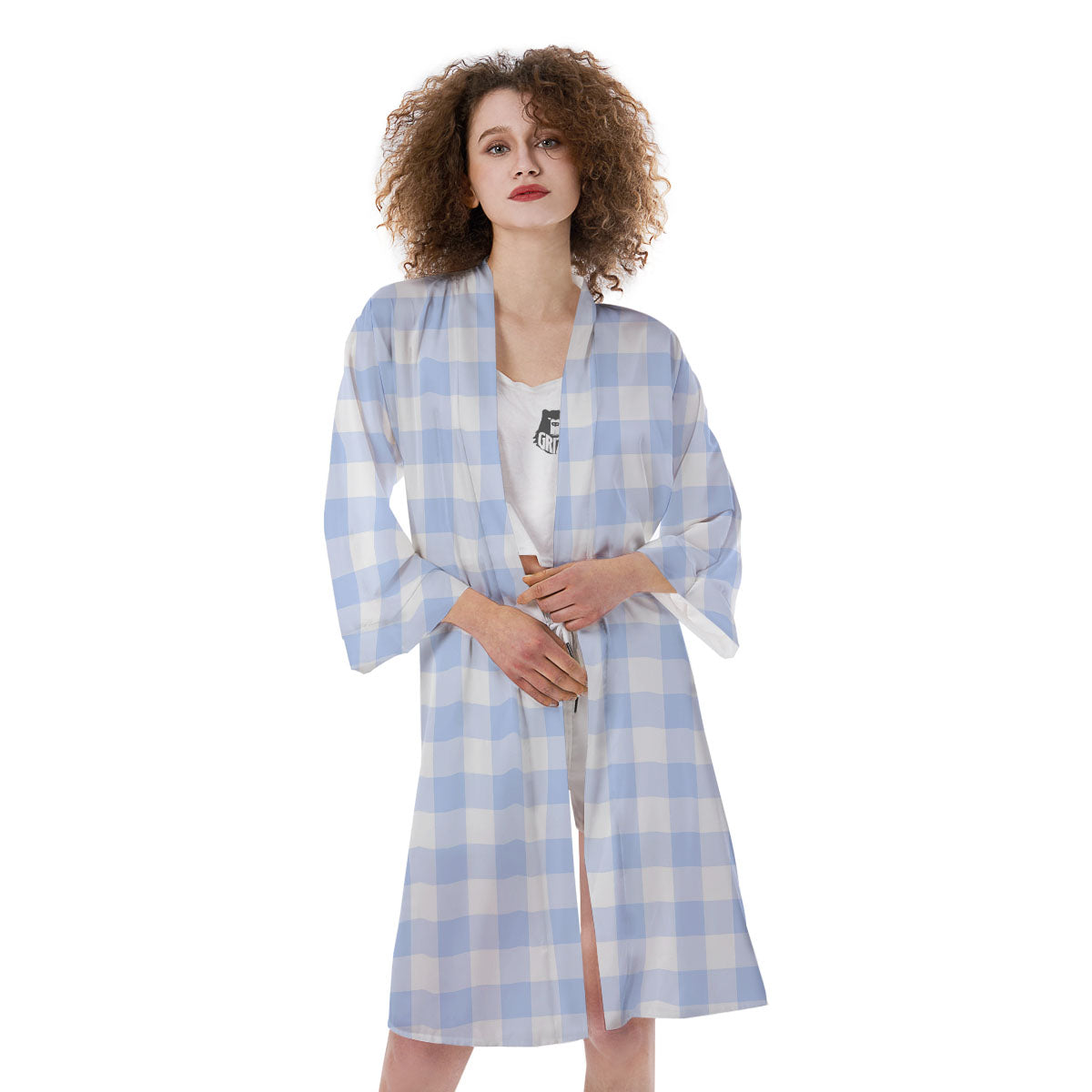 Blue Cornflower And White Gingham Print Kimono-grizzshop