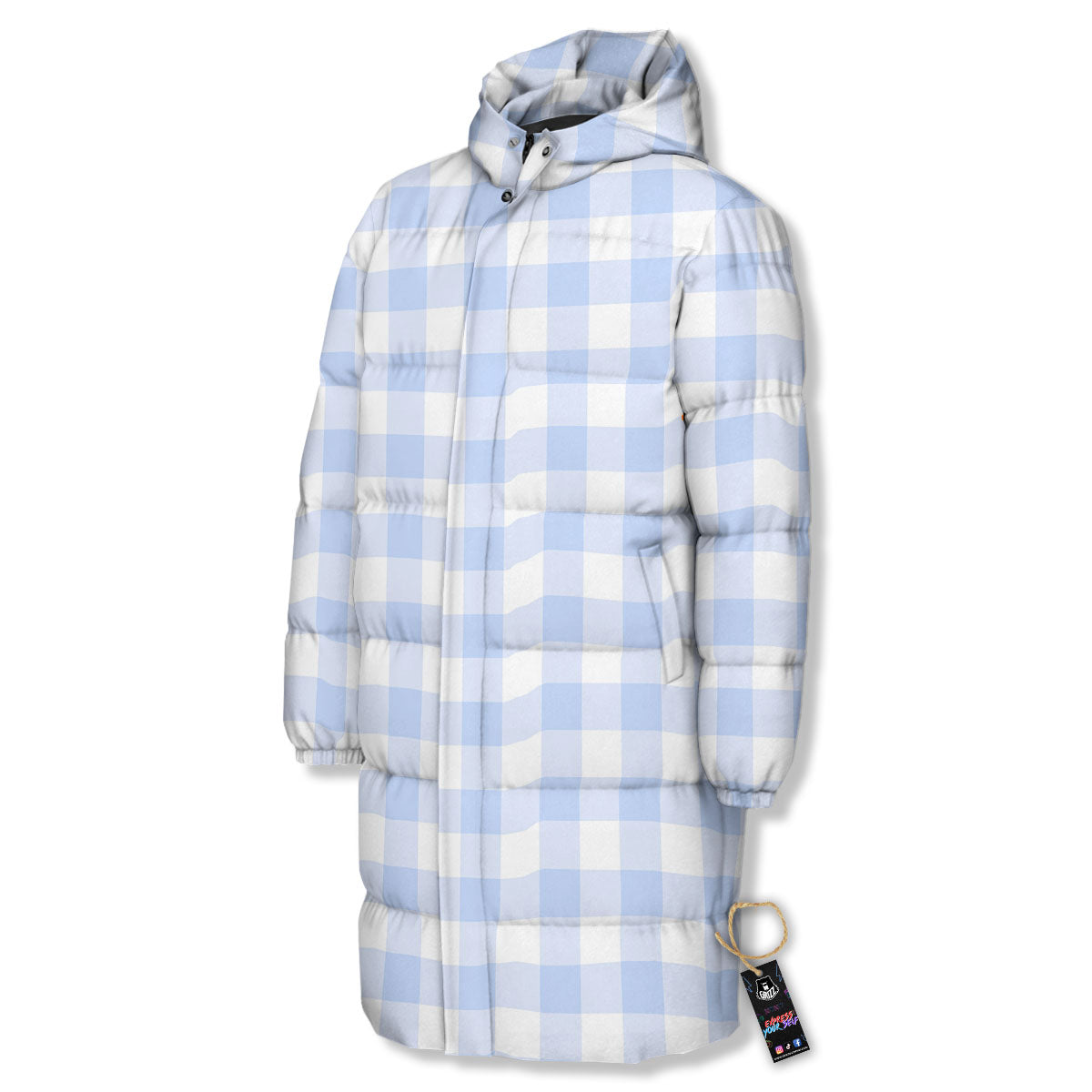 Blue Cornflower And White Gingham Print Long Down Jacket-grizzshop