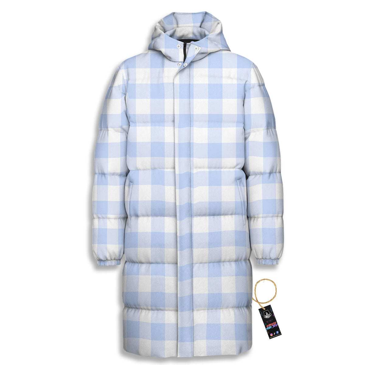 Blue Cornflower And White Gingham Print Long Down Jacket-grizzshop