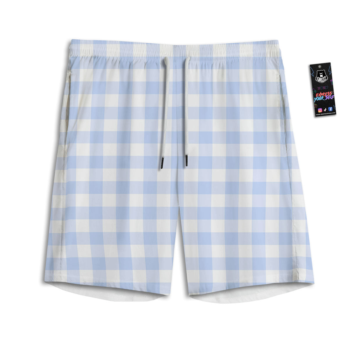 Blue Cornflower And White Gingham Print Men's Athletic Shorts-grizzshop