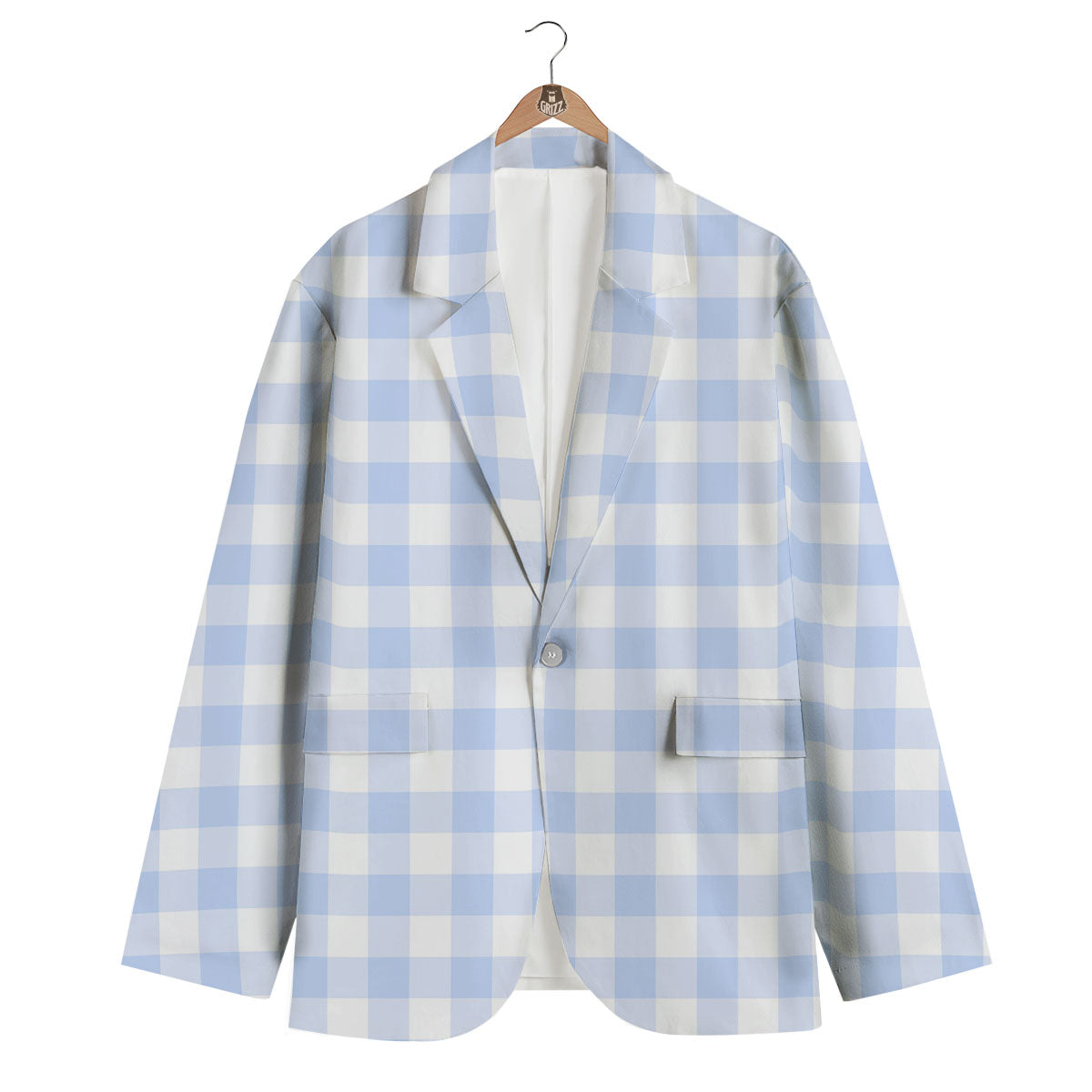 Blue Cornflower And White Gingham Print Men's Blazer-grizzshop