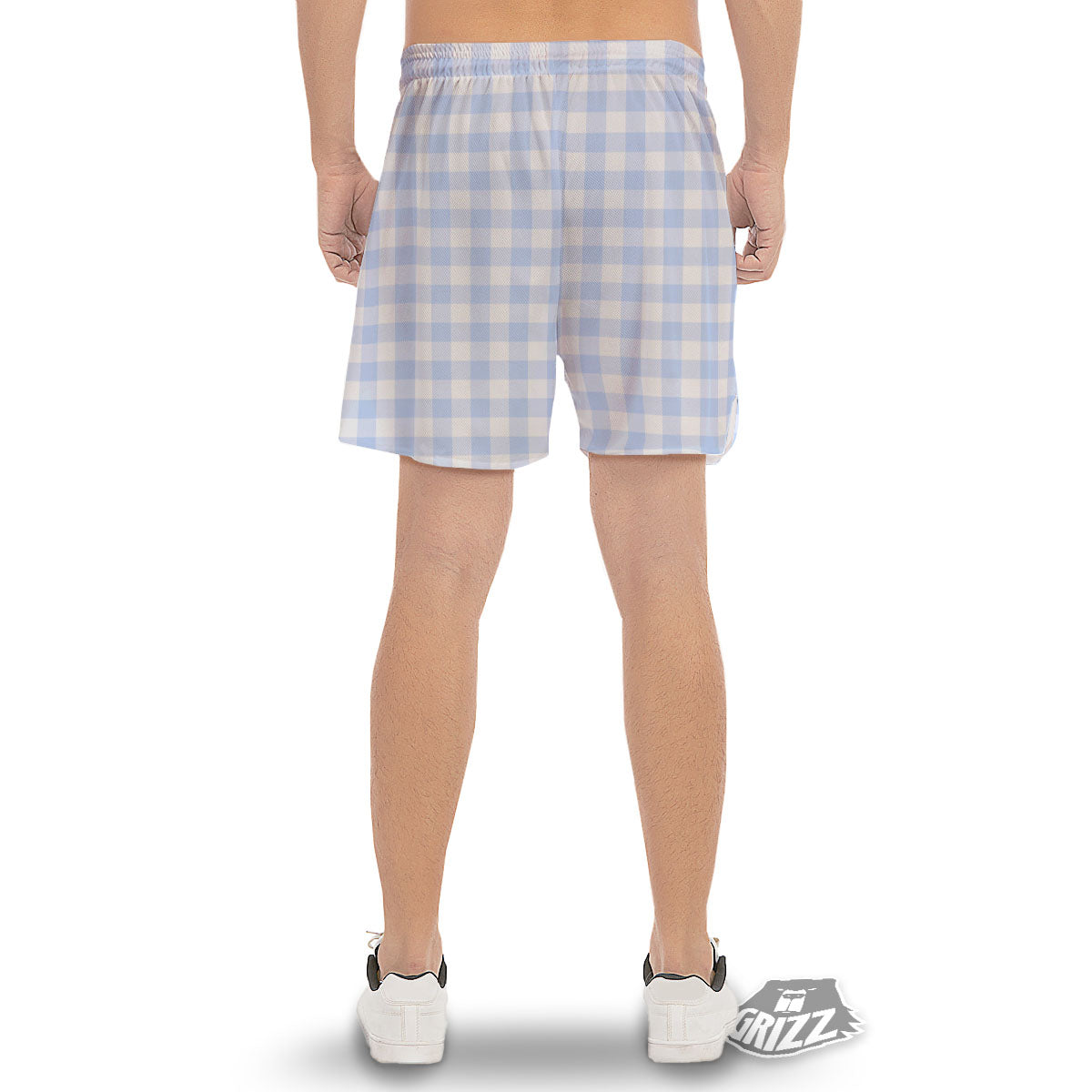 Blue Cornflower And White Gingham Print Men's Gym Shorts-grizzshop
