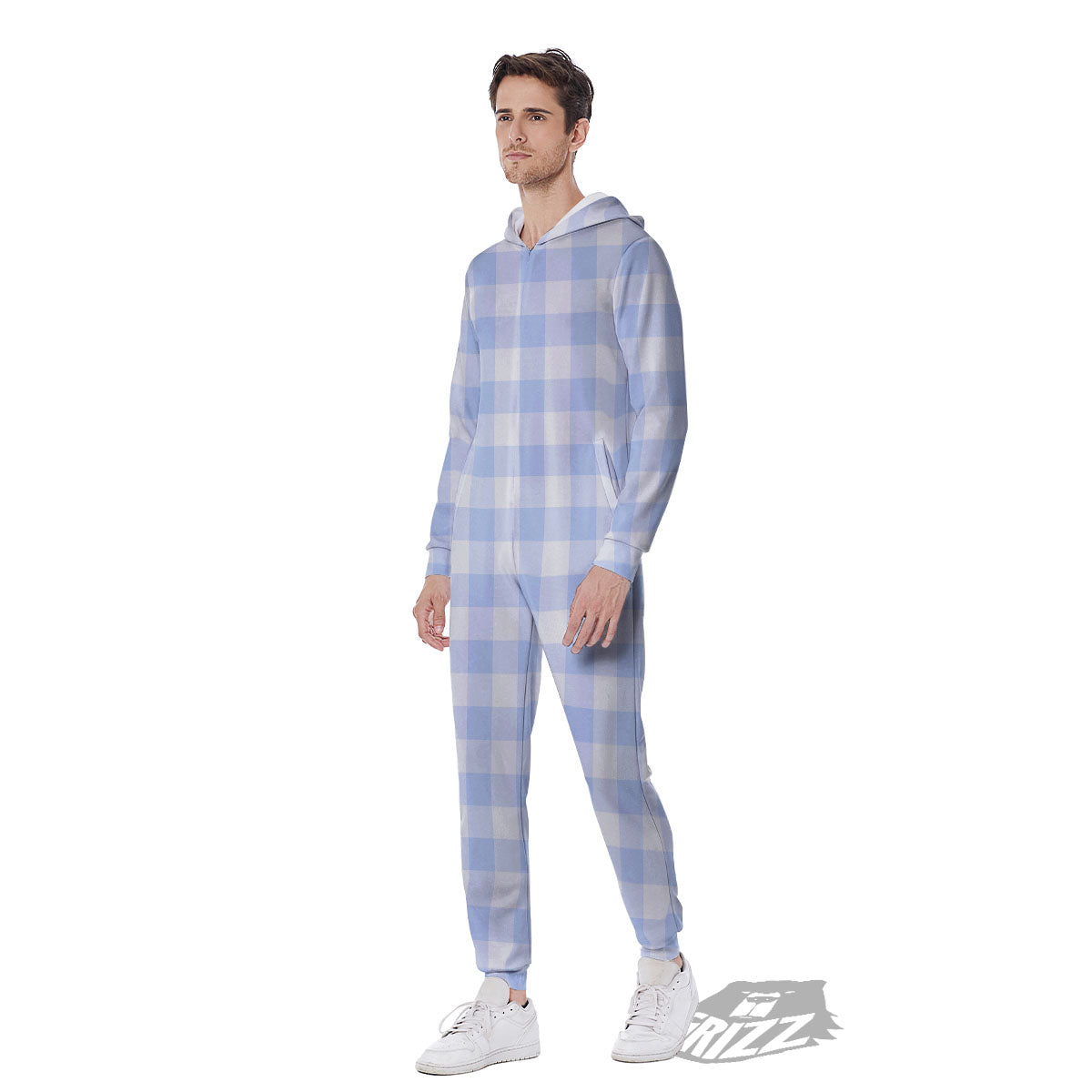 Blue Cornflower And White Gingham Print Men's Jumpsuit-grizzshop