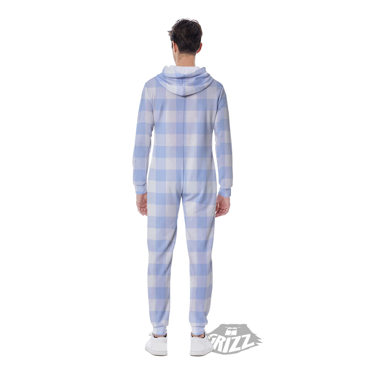 Blue Cornflower And White Gingham Print Men's Jumpsuit-grizzshop