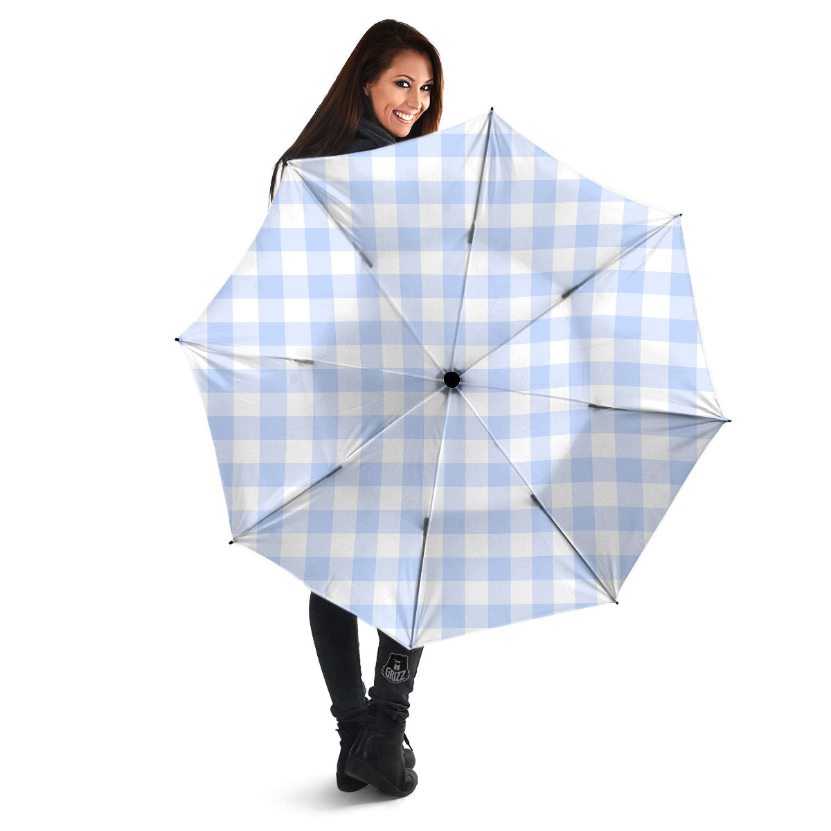 Blue Cornflower And White Gingham Print Umbrella-grizzshop