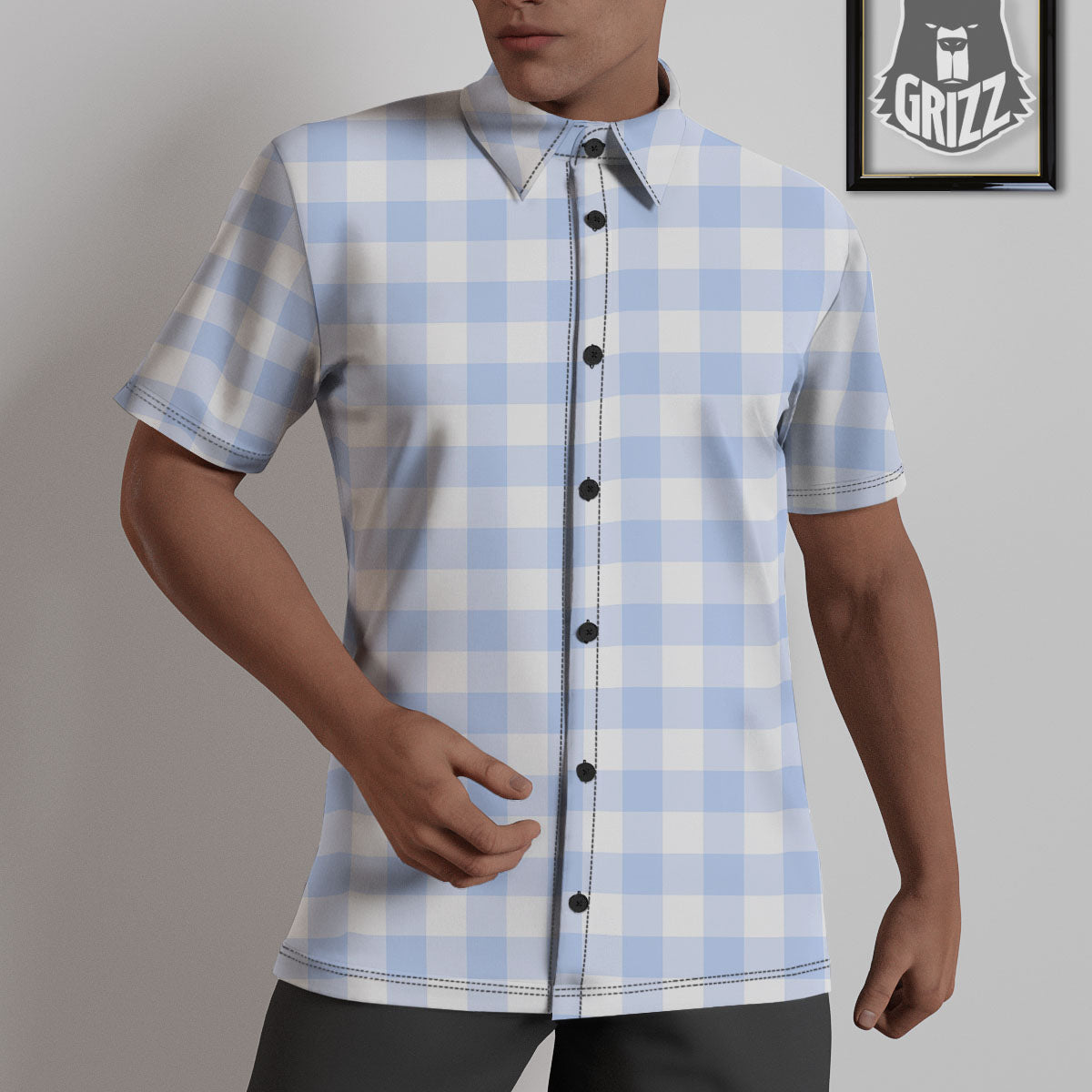 Blue Cornflower And White Gingham Print Untucked Shirts-grizzshop