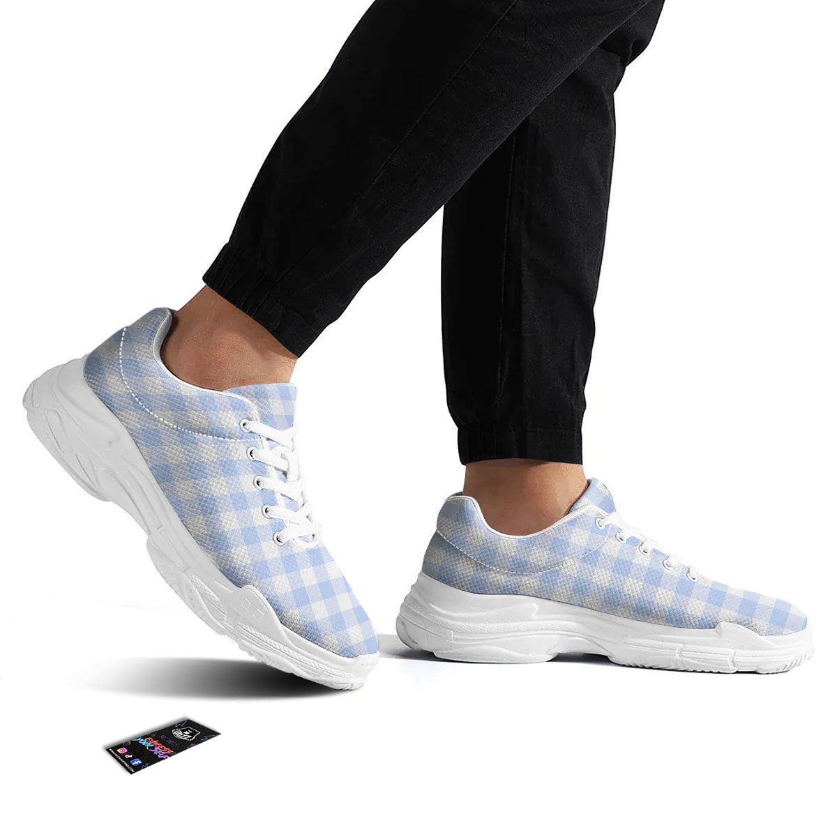 Blue Cornflower And White Gingham Print White Chunky Shoes-grizzshop