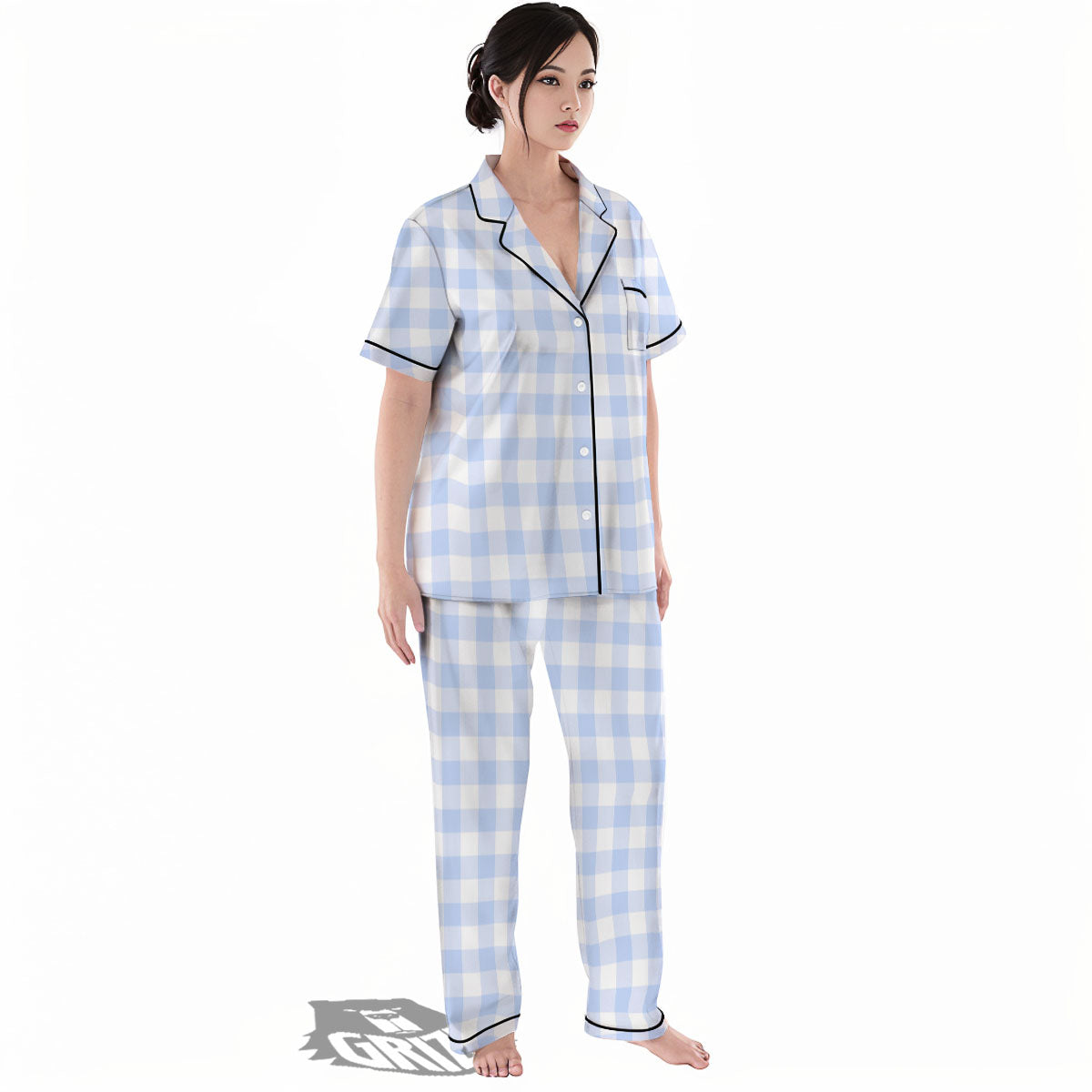 Blue Cornflower And White Gingham Print Women's Pajamas Set-grizzshop