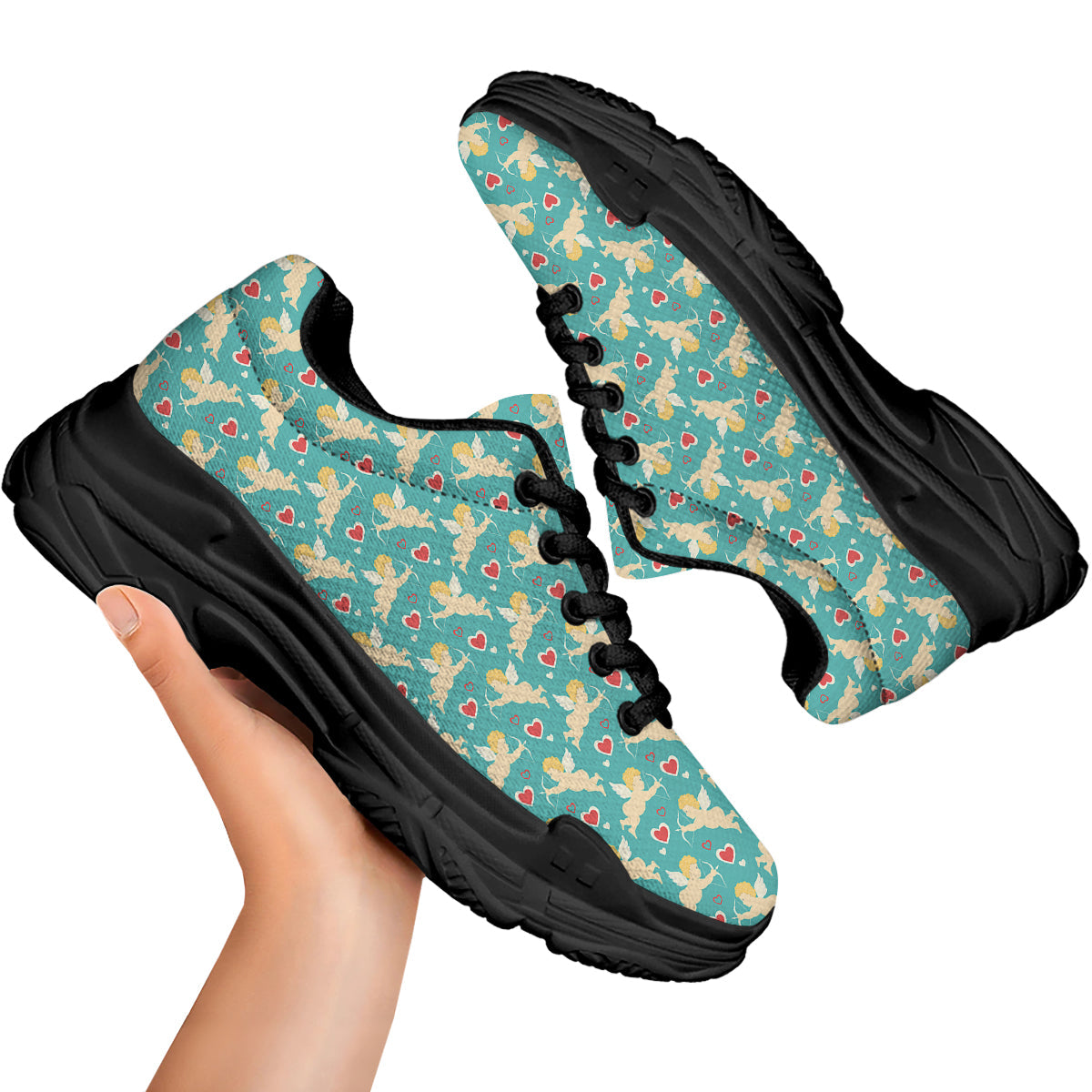 Blue Cupid And Heart Print Pattern Black Chunky Shoes-grizzshop