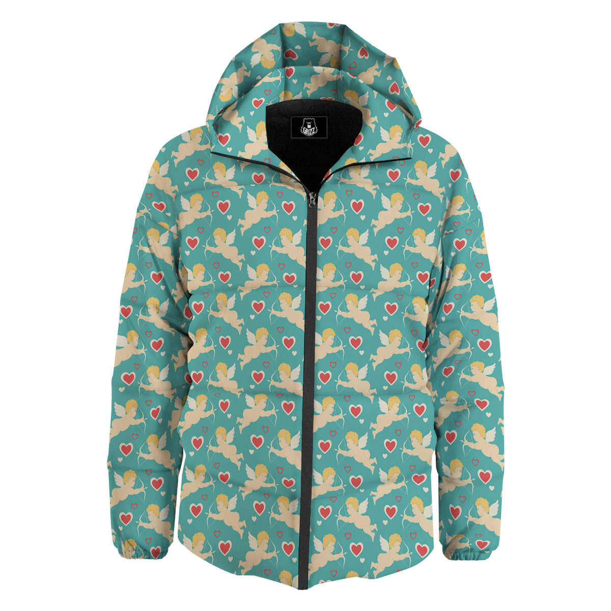 Blue Cupid And Heart Print Pattern Down Jacket-grizzshop