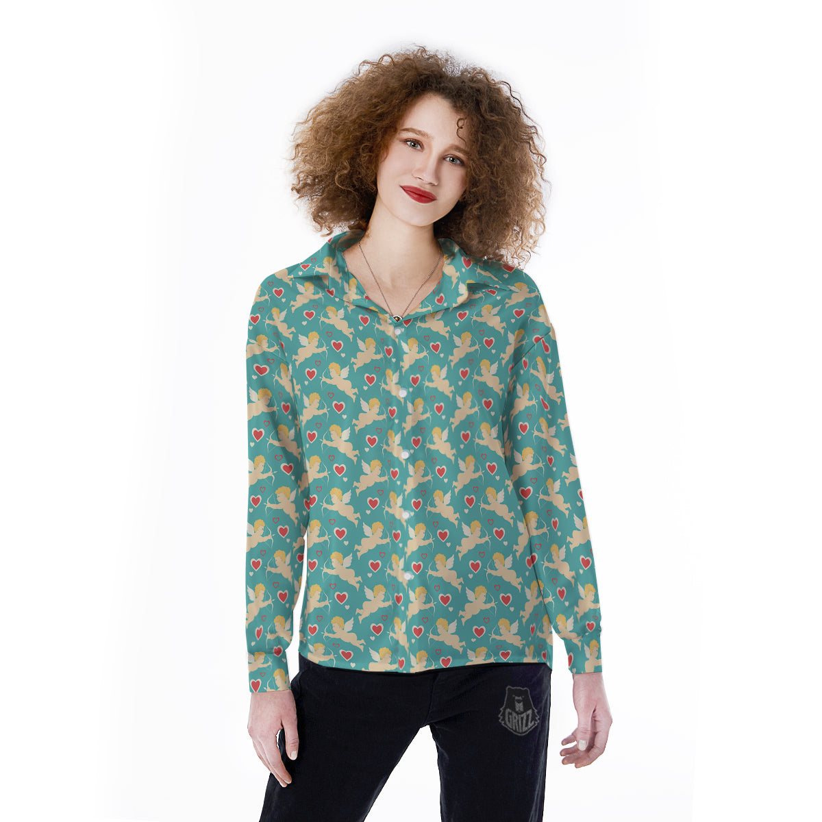 Blue Cupid And Heart Print Pattern Women's Long Sleeve Shirts-grizzshop