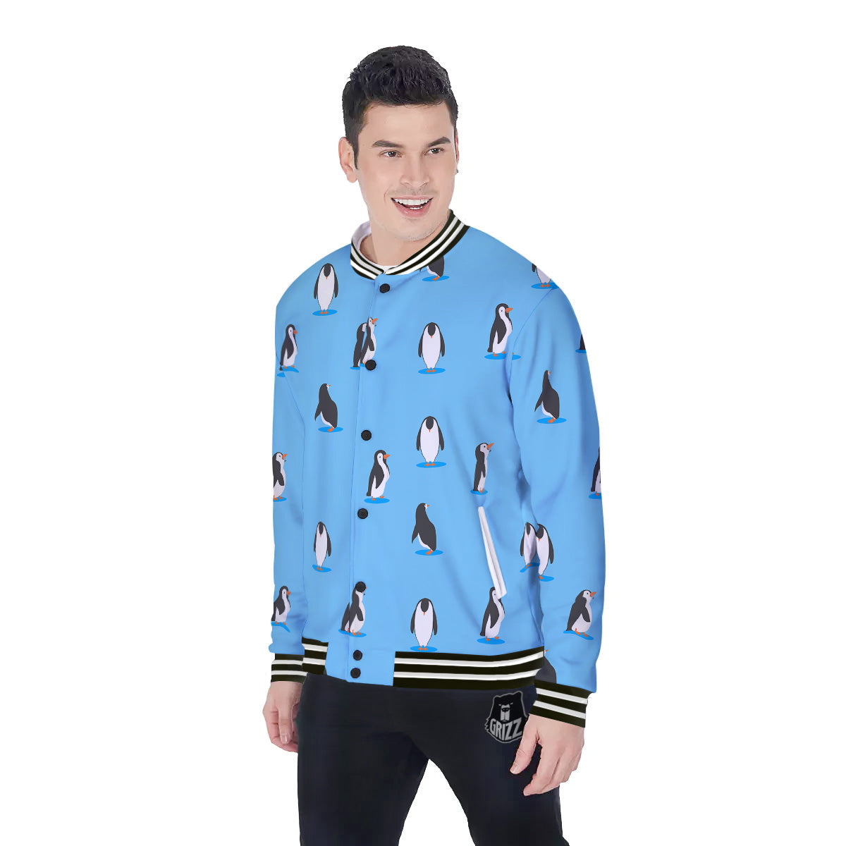 Blue Cute Penguin Print Pattern Baseball Jacket-grizzshop