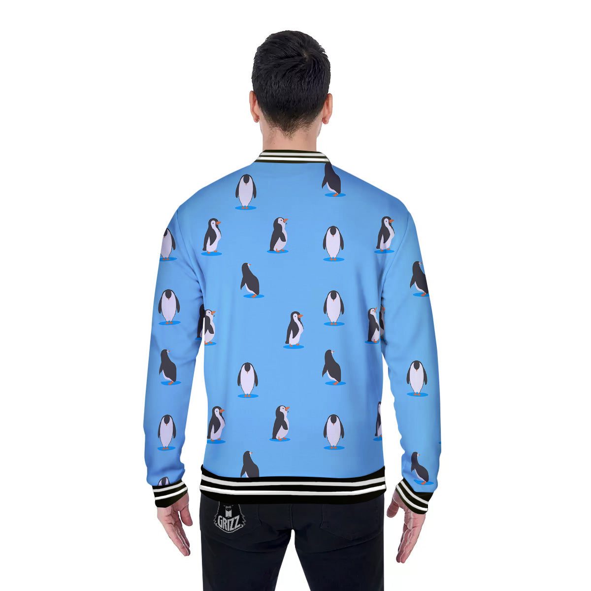 Blue Cute Penguin Print Pattern Baseball Jacket-grizzshop