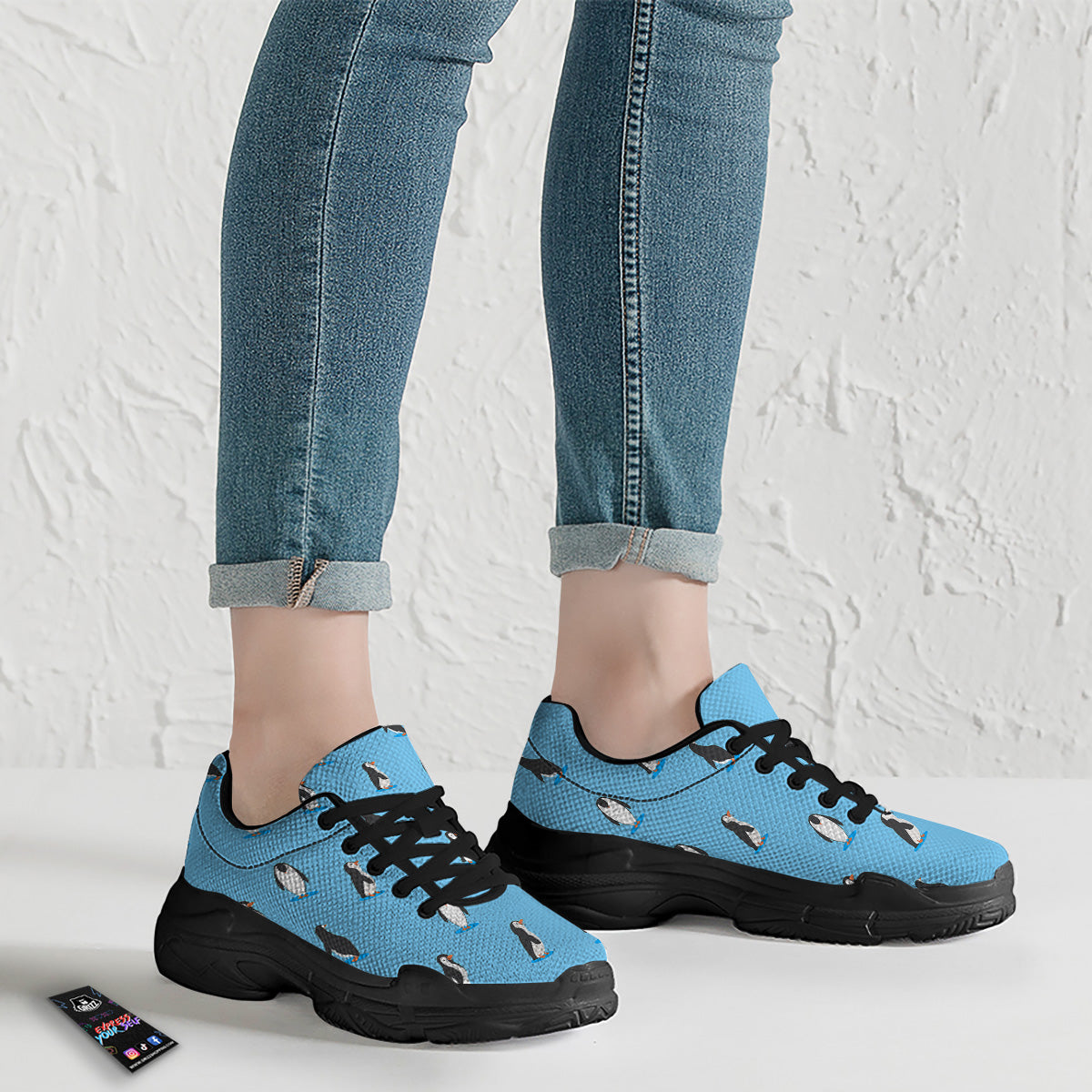 Blue Cute Penguin Print Pattern Black Chunky Shoes-grizzshop