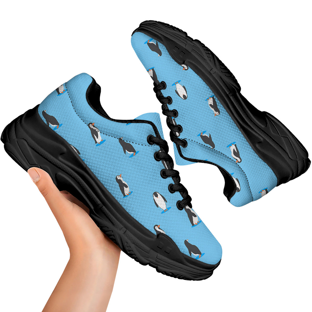 Blue Cute Penguin Print Pattern Black Chunky Shoes-grizzshop