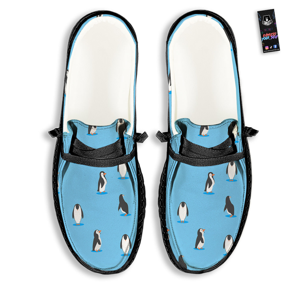 Blue Cute Penguin Print Pattern Black Loafers-grizzshop