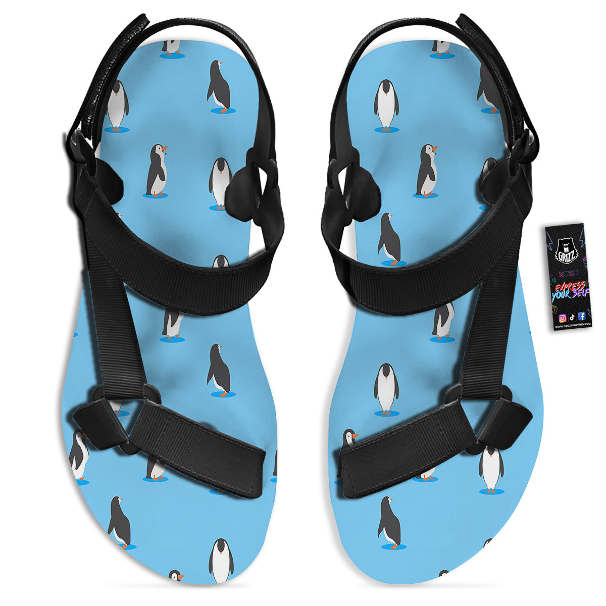 Blue Cute Penguin Print Pattern Black Open Toe Sandals-grizzshop