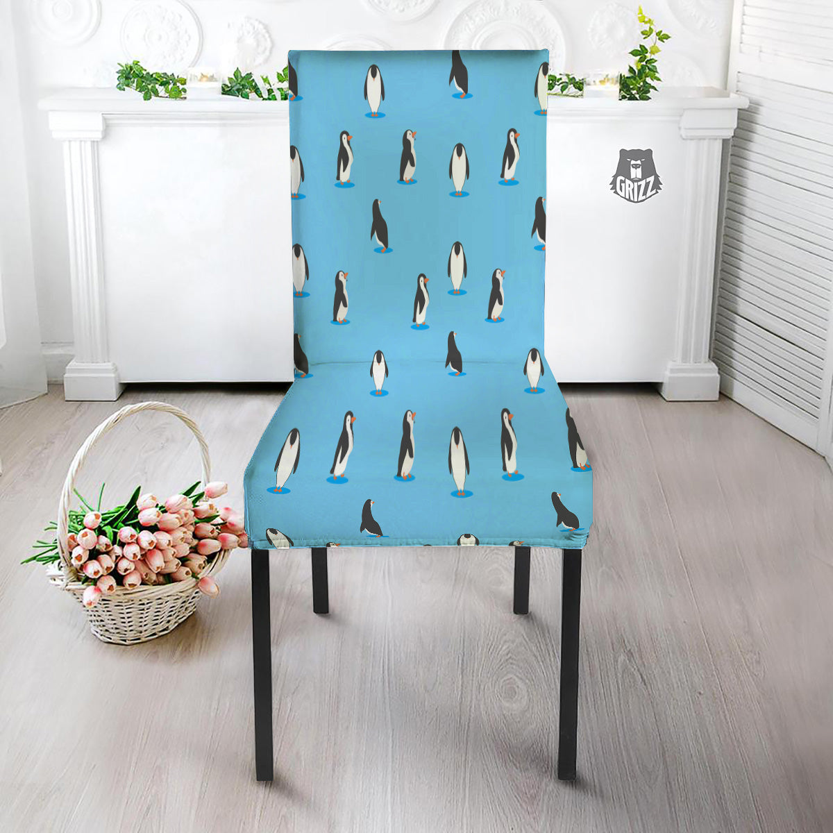 Blue Cute Penguin Print Pattern Dining Chair Slipcover-grizzshop