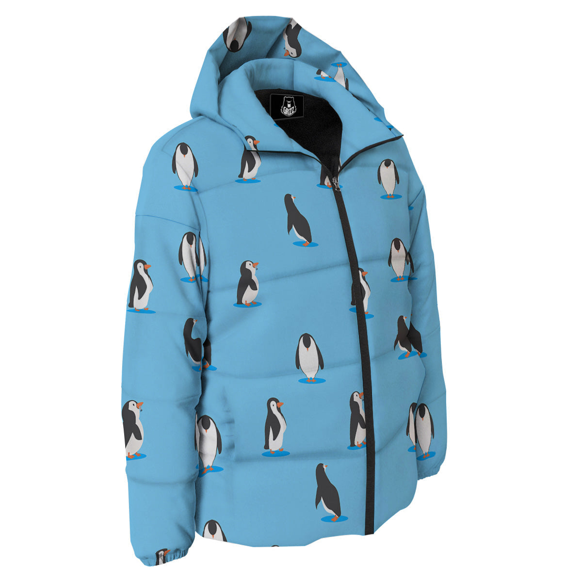 Blue Cute Penguin Print Pattern Down Jacket-grizzshop