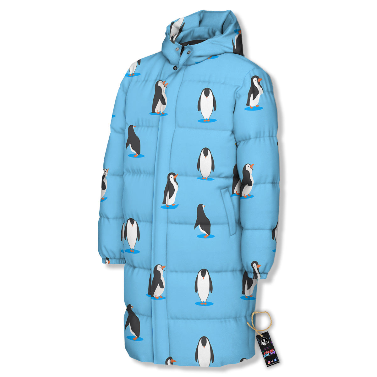 Blue Cute Penguin Print Pattern Long Down Jacket-grizzshop