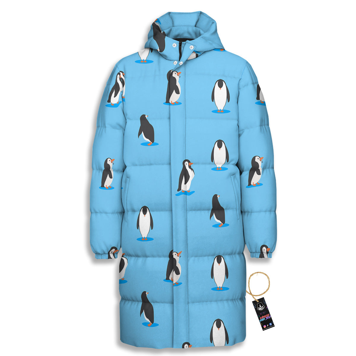 Blue Cute Penguin Print Pattern Long Down Jacket-grizzshop