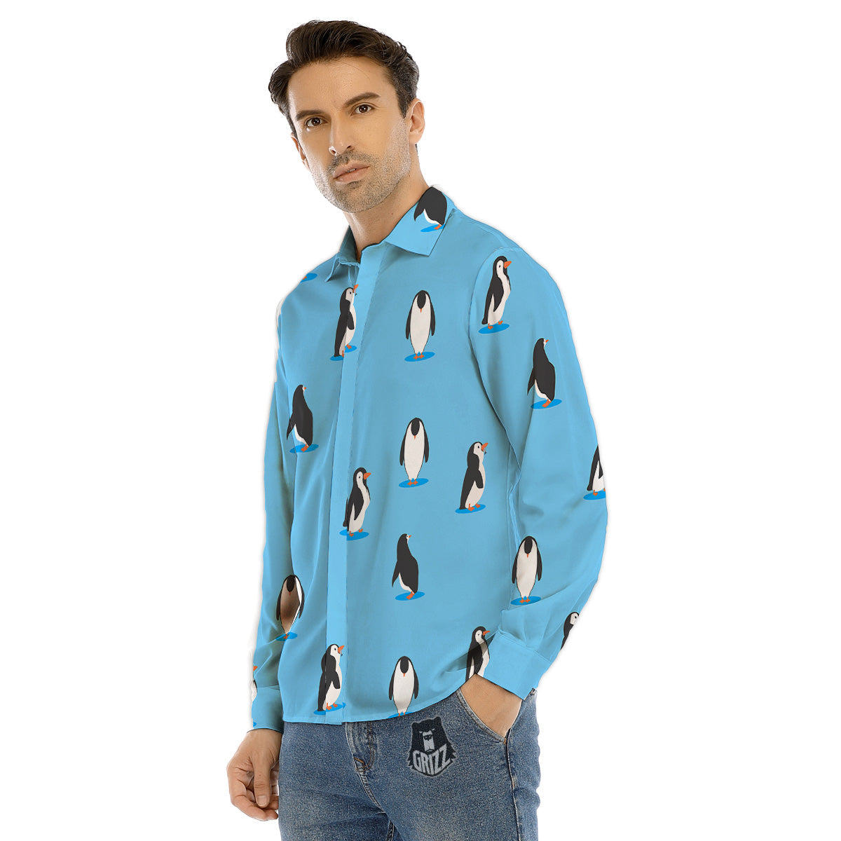Blue Cute Penguin Print Pattern Men's Dress Shirts-grizzshop