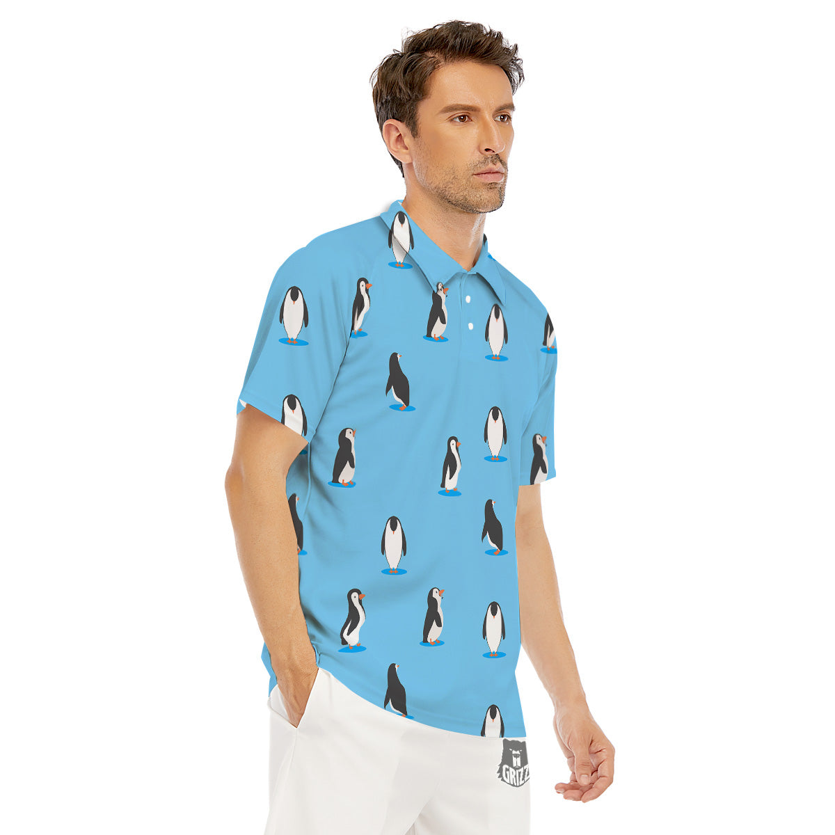 Blue Cute Penguin Print Pattern Men's Golf Shirts-grizzshop