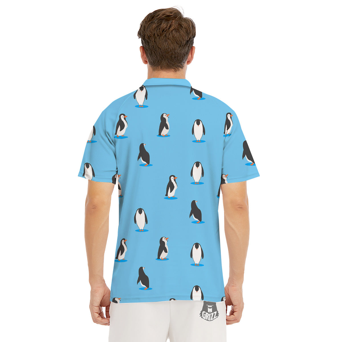 Blue Cute Penguin Print Pattern Men's Golf Shirts-grizzshop