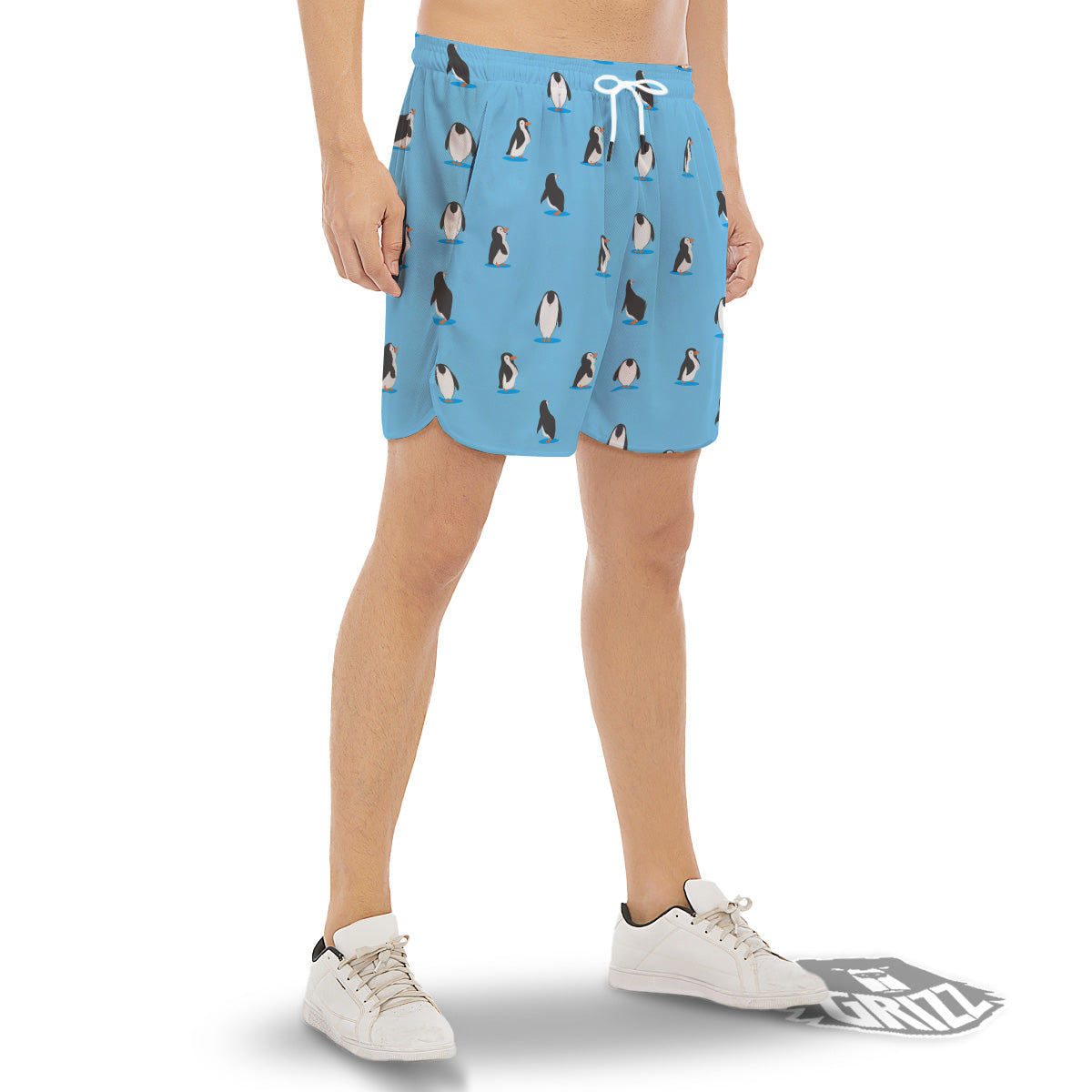 Blue Cute Penguin Print Pattern Men's Gym Shorts-grizzshop