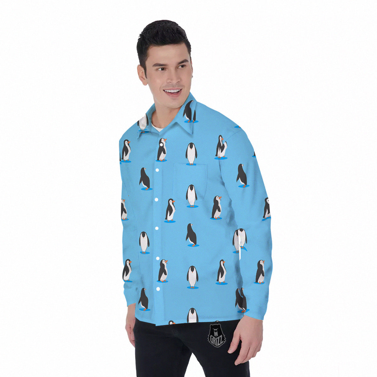 Blue Cute Penguin Print Pattern Men's Long Sleeve Shirts-grizzshop