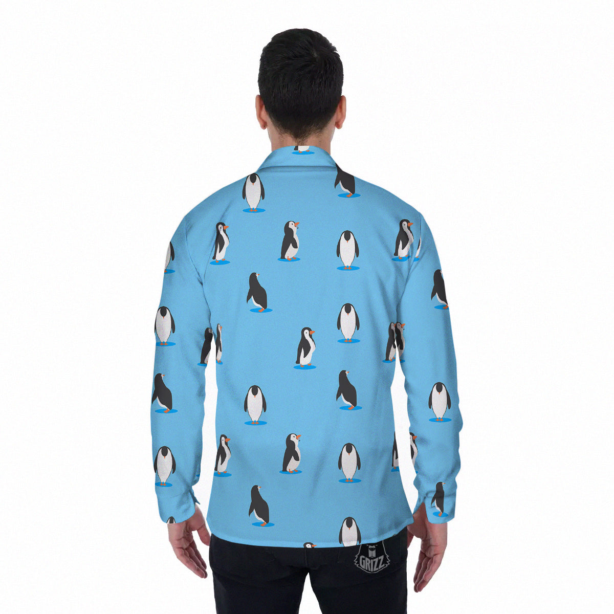 Blue Cute Penguin Print Pattern Men's Long Sleeve Shirts-grizzshop