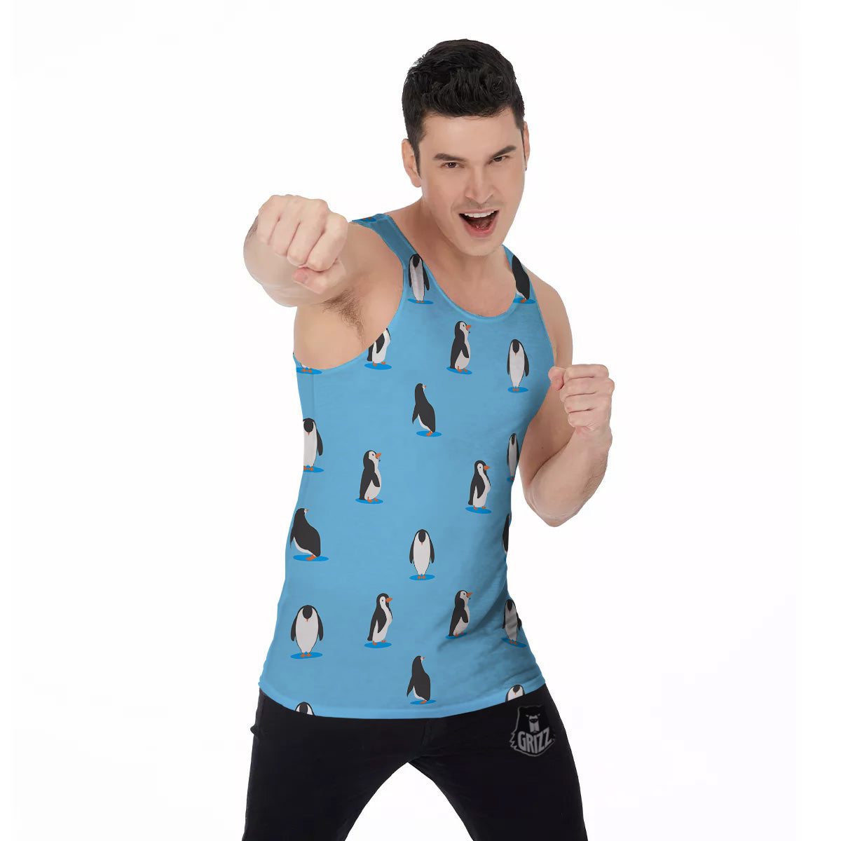 Blue Cute Penguin Print Pattern Men's Tank Top-grizzshop
