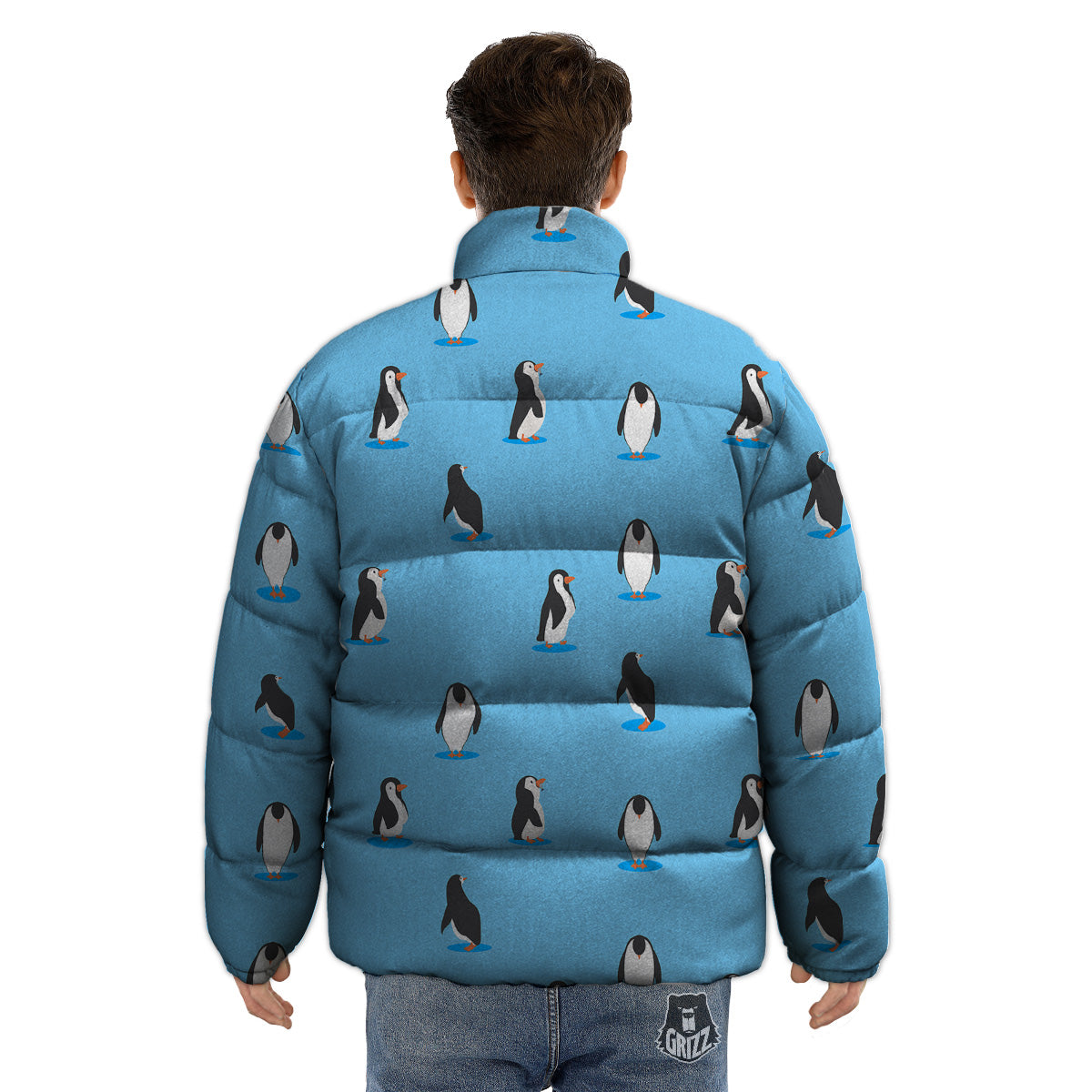 Blue Cute Penguin Print Pattern Puffer Jacket-grizzshop