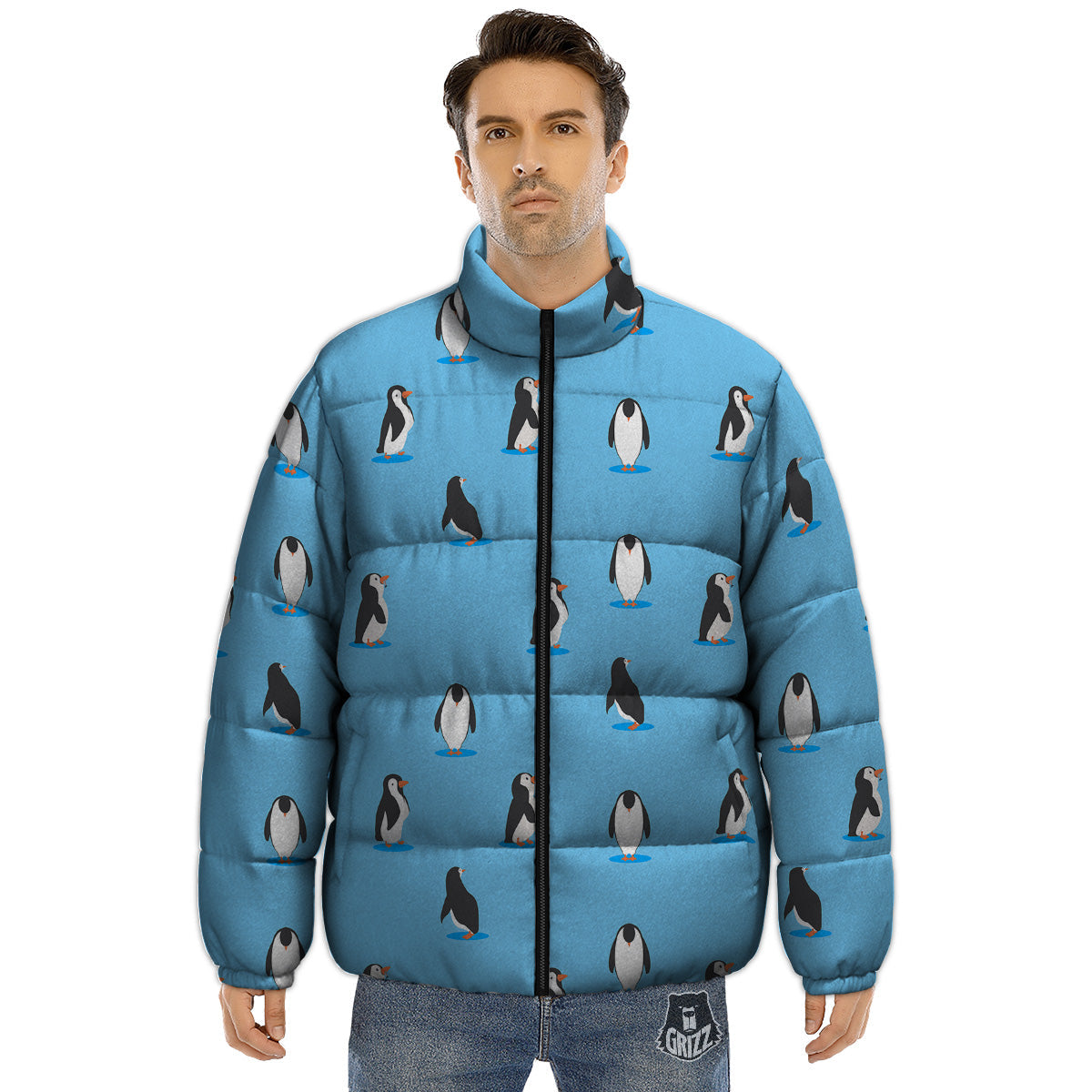 Blue Cute Penguin Print Pattern Puffer Jacket-grizzshop