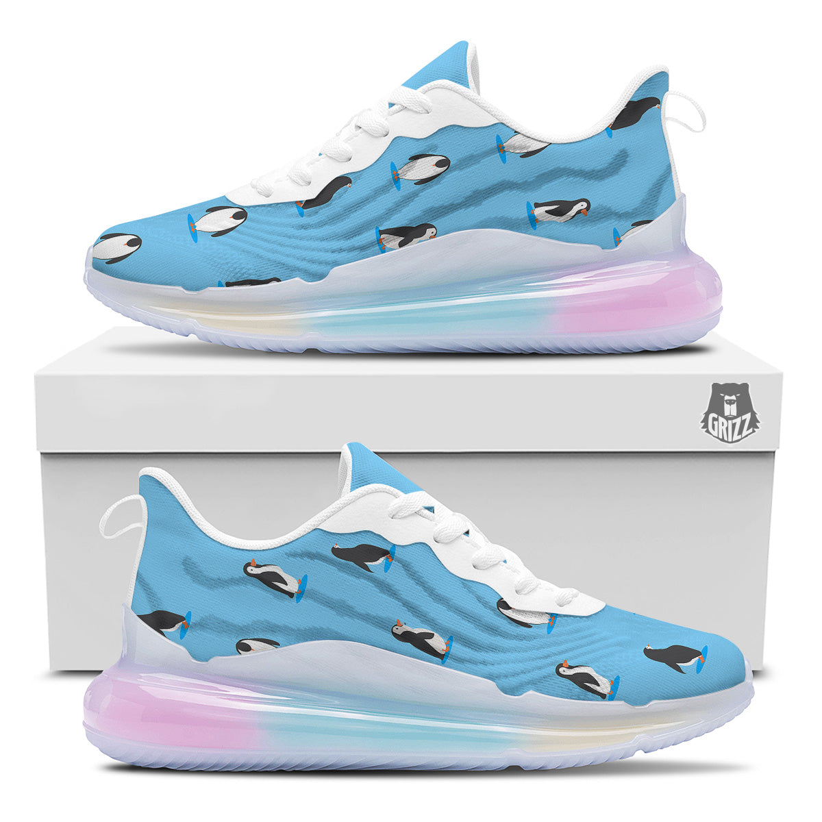 Blue Cute Penguin Print Pattern Running Sneakers-grizzshop