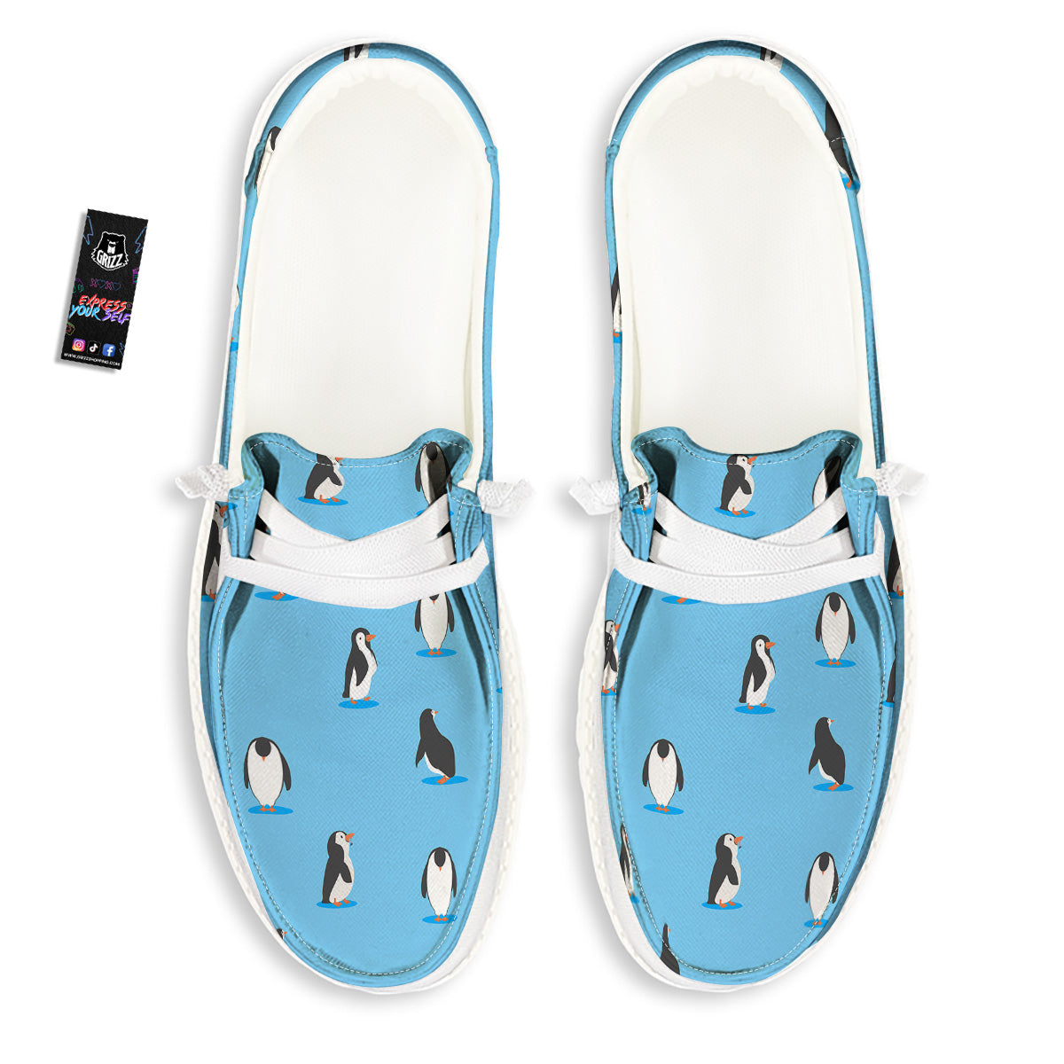 Blue Cute Penguin Print Pattern White Loafers-grizzshop