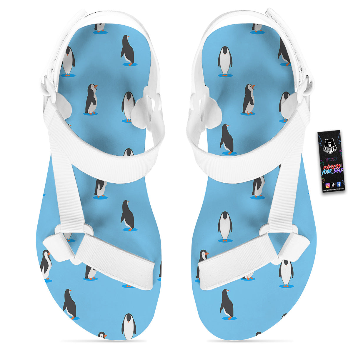 Blue Cute Penguin Print Pattern White Open Toe Sandals-grizzshop