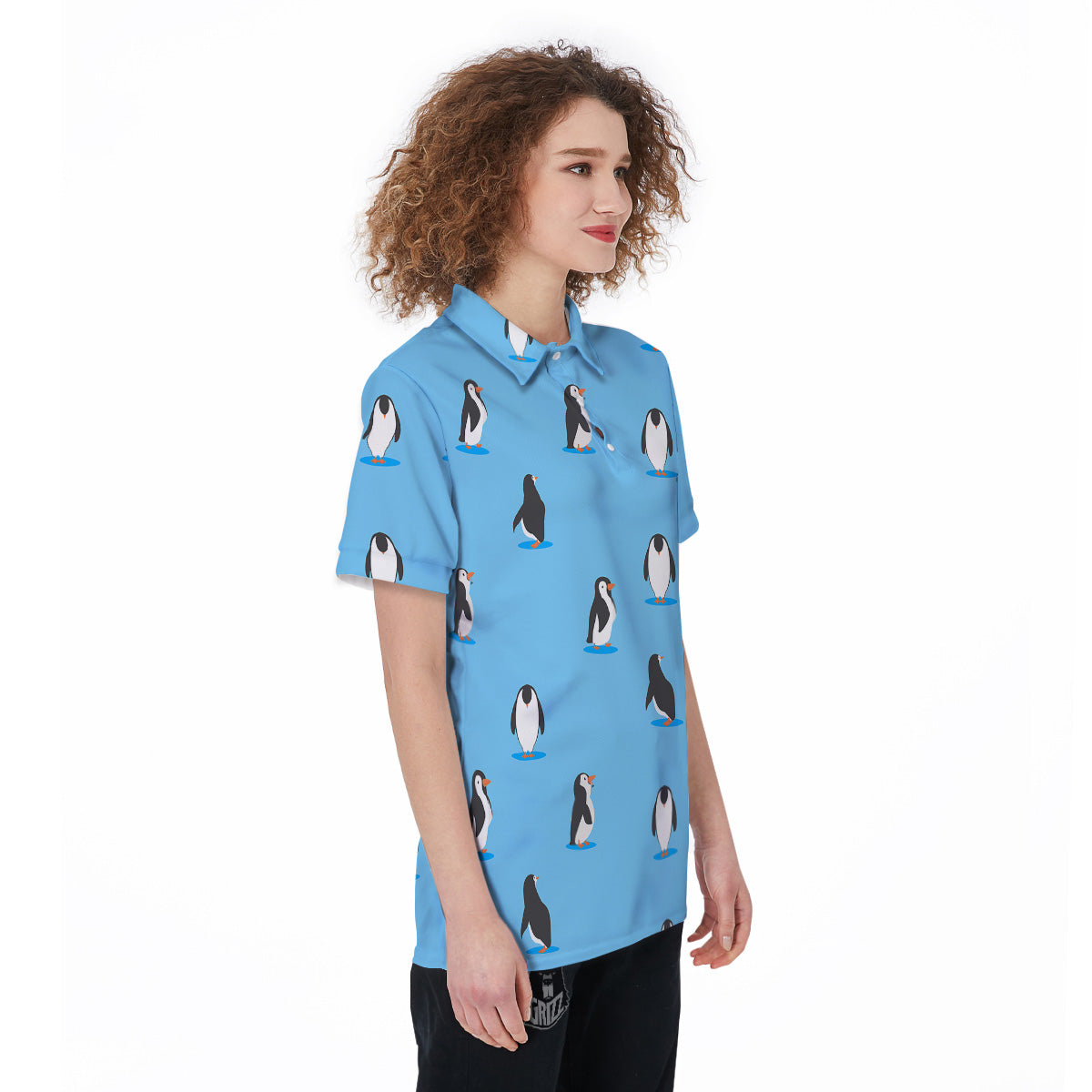 Blue Cute Penguin Print Pattern Women's Golf Shirts-grizzshop