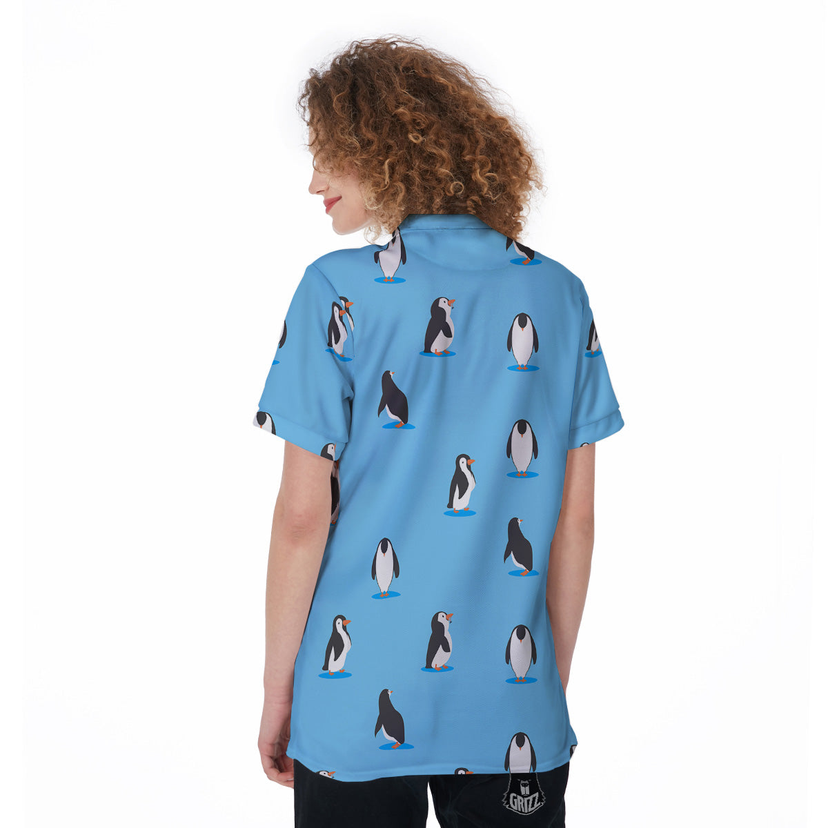 Blue Cute Penguin Print Pattern Women's Golf Shirts-grizzshop