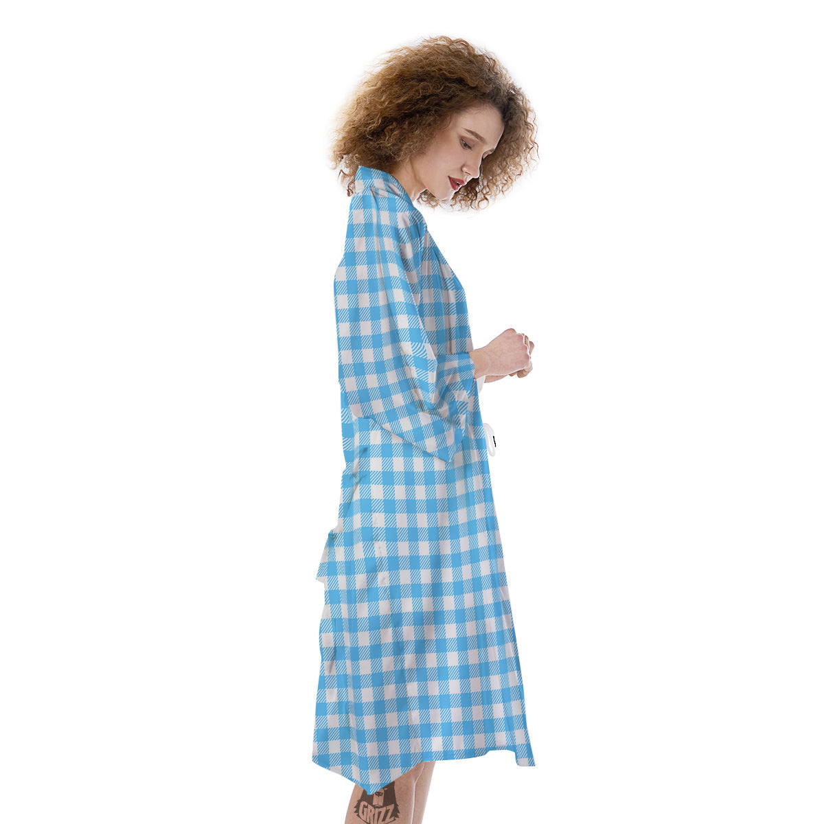 Blue Cyan And White Gingham Print Kimono-grizzshop