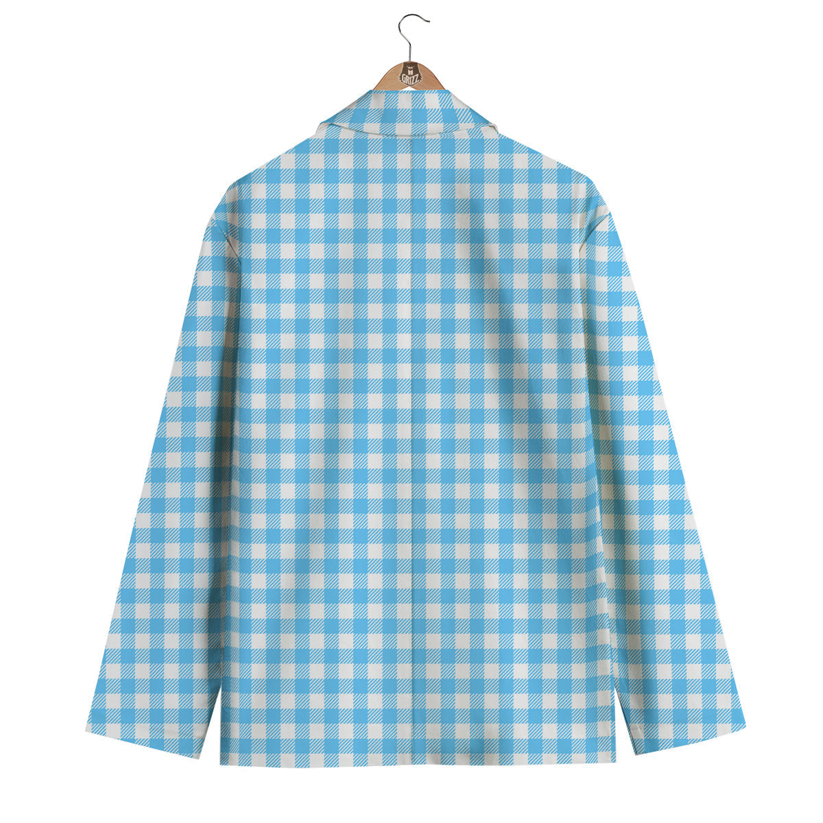 Blue Cyan And White Gingham Print Men's Blazer-grizzshop