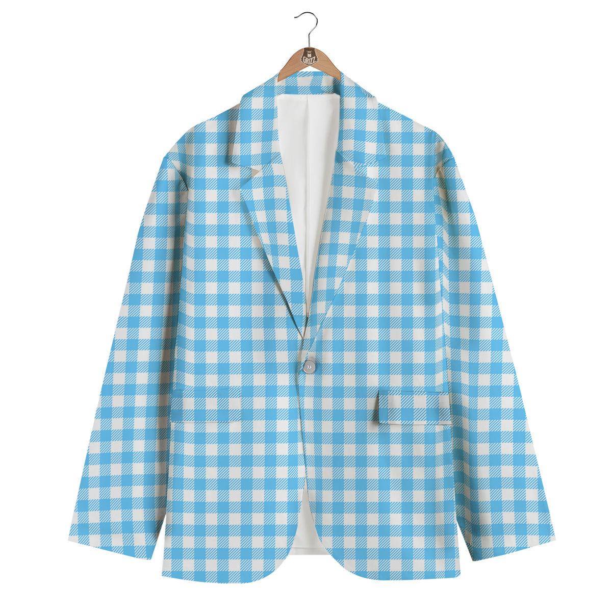 Blue Cyan And White Gingham Print Men's Blazer-grizzshop