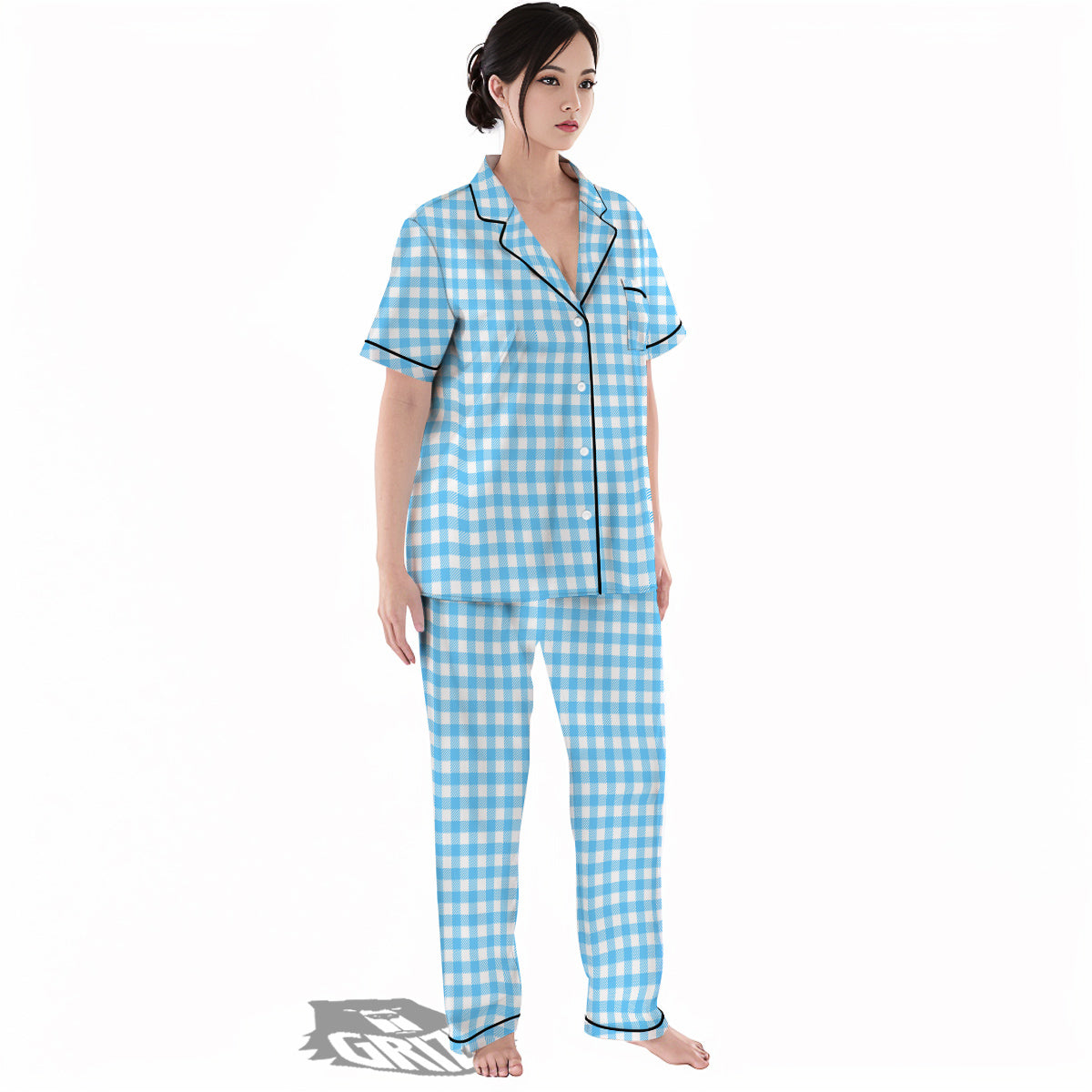 Blue Cyan And White Gingham Print Women's Pajamas Set-grizzshop