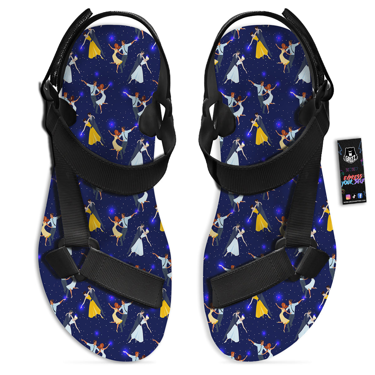 Blue Dancer Print Pattern Black Open Toe Sandals-grizzshop
