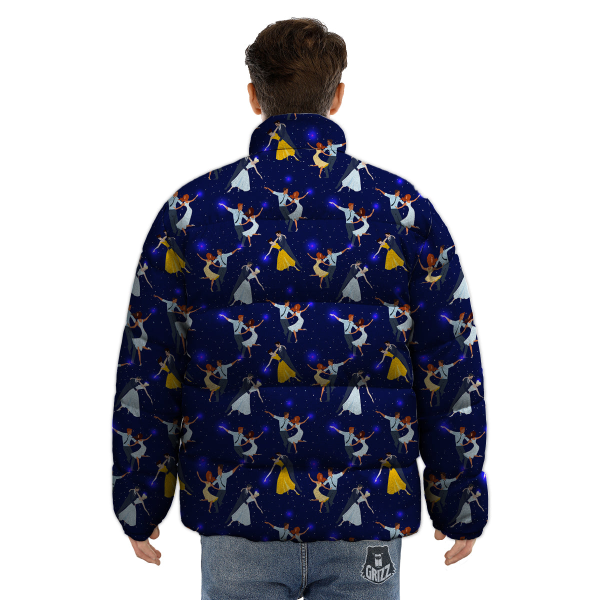 Blue Dancer Print Pattern Puffer Jacket-grizzshop