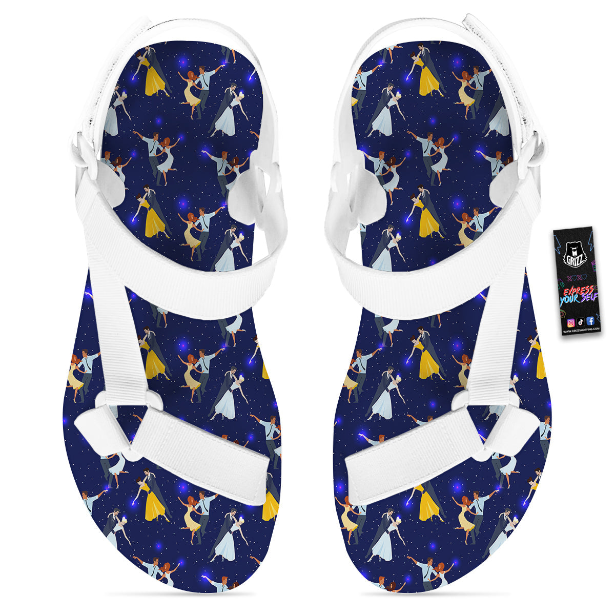 Blue Dancer Print Pattern White Open Toe Sandals-grizzshop